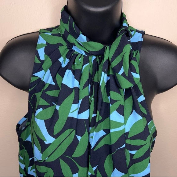 NEW Ann Taylor Petite Medium Blouse Green Blue Leaf Print Tie Neckline High Neck - Picture 7 of 14